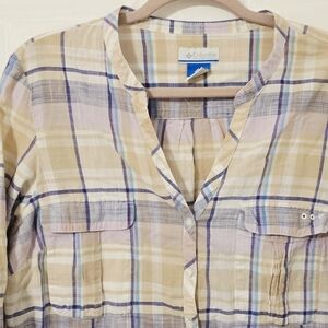 Columbia PFG Purple Plaid Button Up Shirt Women’s XL 100% Cotton Collarless